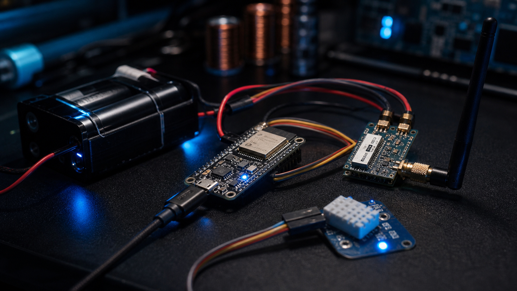 ESP32 telemetry board with LoRa radio module, antenna, sensors, and lab wiring